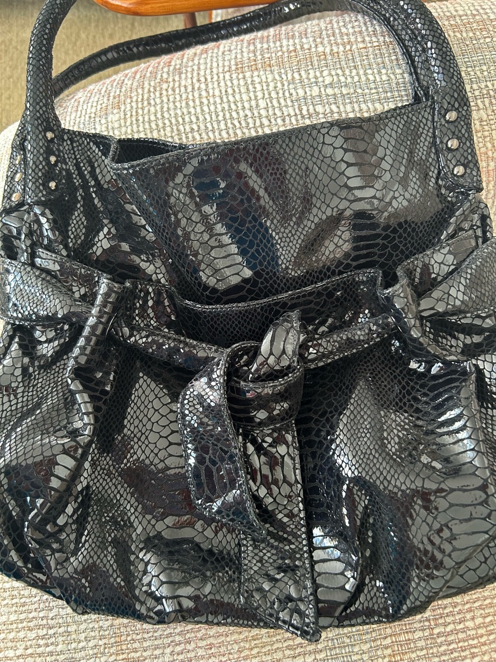Vintage Y2K Perlina Studio Black Snakeskin Embossed Leather Rope Handle Hobo Bag - Picture 2 of 16